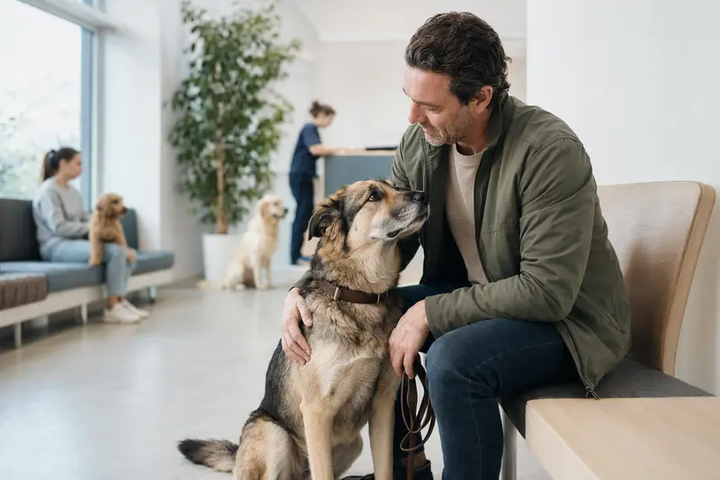 Ein Chinook Hund sitzt ruhig neben seinem Besitzer im hellen Wartezimmer einer modernen Tierarztpraxis.
